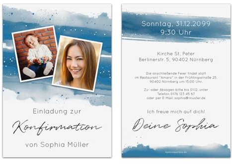 Kartenmachen.de Personalisierte Konfirmation Einladungskarten Foto Aquarell mit eigenem Text und Foto DIN A6, dickes Papier