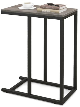 COSTWAY Beistelltisch C-Form, Sofatisch mit Metallgestell, Kaffeetisch für Wohnzimmer, Schlafzimmer, kleine Räume, Couchtisch für Couch und Bett, Laptoptisch, 45,5 x 25,5 x 64 cm (Grau)