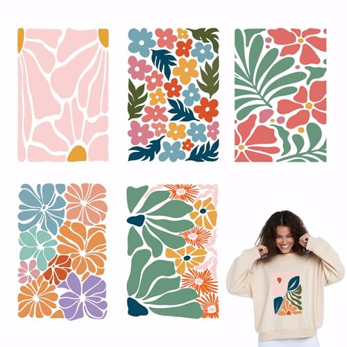 SUPERDANT 6 Pcs Minimalist Flowers Heat Transfer Stickers Flower Iron on Patches Decals Botanical Flower Iron on Sticker Patch ashable Transfer Decal for Pillow Clothing DIY Decors