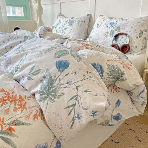 EAVD Queen Cotton Duvet Cover Chich Shabby Garden Floral Duvet Cover Set Fresh Spring Colorful Florlal Bedding Set with 2 Pillowcases Fresh Reversible Botanical Comforter Cover with Zipper