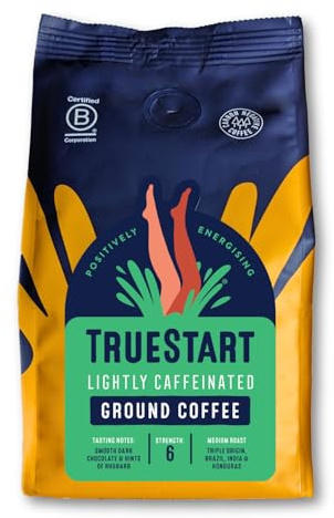 TrueStart Ground Coffee 200g, Lightly Caffeinated - Ground Coffee for Cafetiere, V60 & Aeropress, Mycotoxin-Free & Rich in Antioxidants, Freshly Hand Roasted Speciality Grade, Medium Roast