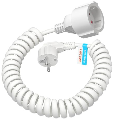 2M Schuko Verlängerungskabel, Schutzkontakt Spiralleitung dehnbar bis 2M Max, IP20 Verlängerungsleitung (230V/16 A), Spiralkabel 3 x 1,0 mm² mit Schuko Stecker & Kupplung, Weiß