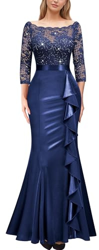 MIUSOL Women's Elegant 3/4 Sleeve Lace Sequin Ruffle Fishtail Wedding Banquet Party Maxi Dress