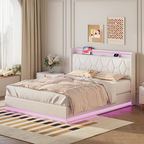 Polster-Doppelbett 140x200 cm, Multifunktionsbett mit LED-Beleuchtung, Lattenrost und Stauraum, Kopfteil mit USB Typ-C Ladefunktion und Ablagefach, Samt, Matratze nicht enthalten (140x200cm)