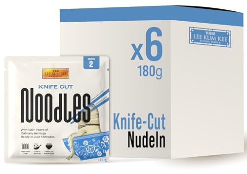 Lee Kum Kee Knife-Cut Noodles, 180 g Pack of 6 | Thick chewy noodles for stir-fries, soups, broths and sauce-coated noodle bowls. Serves 2.