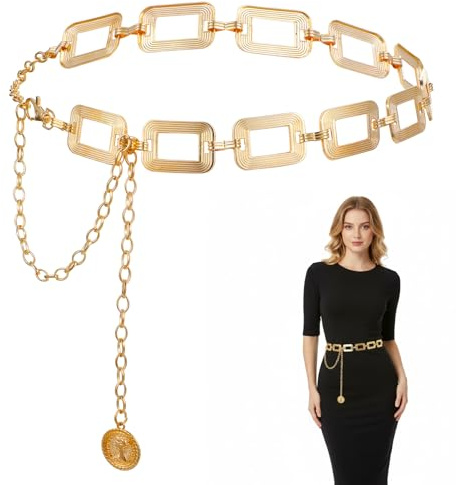 ValueBargain Gold Chain Belt, Adjustable Metal Waist Chain Belt for Women Square Design Chunky Wide Gold Belts for Clothing Dresses Jeans, Golden Stylish Clothing jewelry Accessory