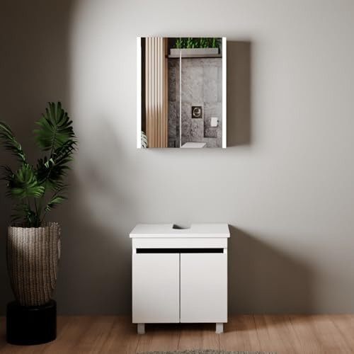 Karen Badmöbel-Set Weiß 60/80cm Badezimmerunterschrank & Spiegelschrank | Softclose-Türen | Badezimmermöbel | Waschtischplatte in Weiß oder Eiche | Moderner Stil (Venus 60 Konsole Weiß)