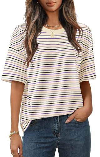 Cuptacc Tee Shirt Femme Manche Courte Col Rond Loose T Shirt Femme À Rayures Fines Et Multicolores Colorées Décontracté Tunique Beige Violet XL