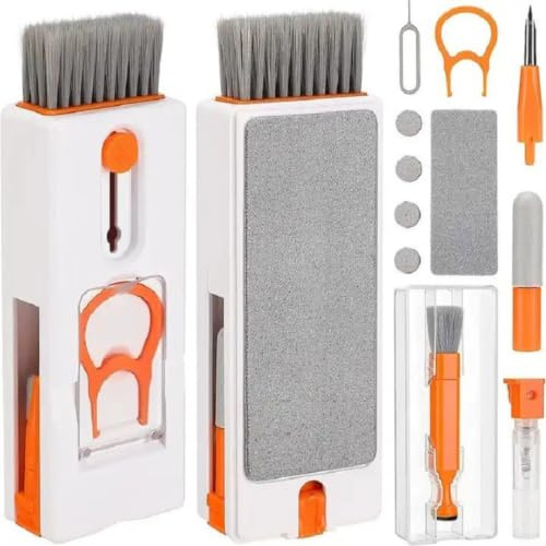 Gettimore Kit completo de limpieza de 11 piezas para computadoras y teléfonos con cepillo de teclado, limpiador de auriculares, lente de cámara y soporte portátil (blanco)