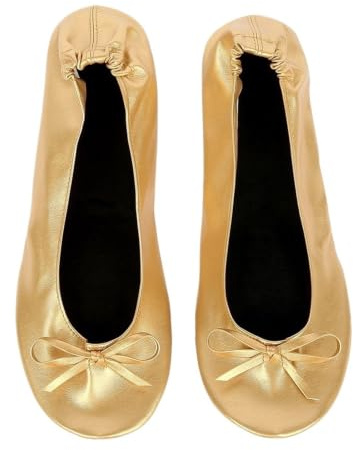 Efter fest skor hopfällbara balettskor bärbara resor hopvikbar sko bal ballerinarulle för brud bröllop, Guld, 42.5 EU