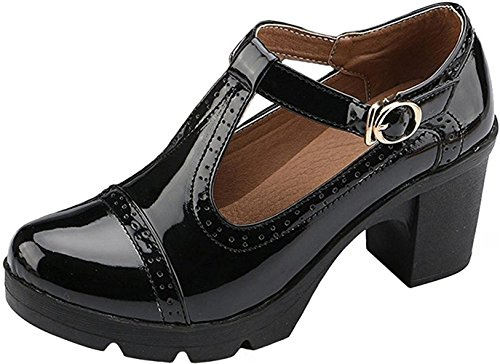 DADAWEN Women's T-Strap Platform Court Shoes Mid Heel Mary Jane Oxfords Dress Shoes Black 6 UK