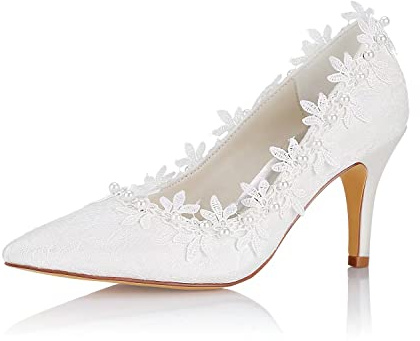 Emily Bridal Vintage Wedding Shoes Ivory Round Toe Pearls Flowers Kitten Heel Bridal Shoes (EU41/UK7.5, Ivory)