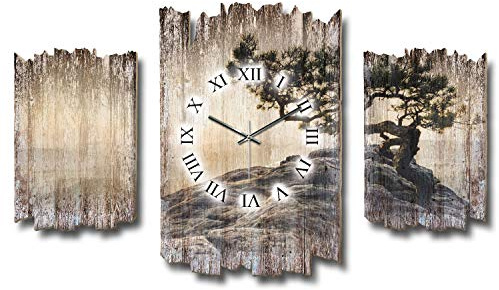 Kreative Feder Dreiteilige Designer-Wanduhr Einsamer Baum Shabby-Chic Landhaus-Stil leise Funkuhr ohne Ticken 95x60cm aus Holz (Einsamer Baum, leises Funkuhrwerk)
