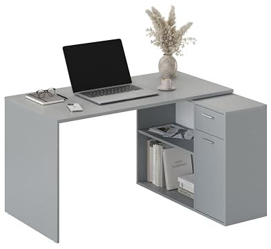 RICOO Eckschreibtisch mit Stauraum Platingrau WM083-PL L Form Schreibtisch mit Schubladen 136x101x75 cm Computertisch Bürotisch PC Tisch Ecke Winkelschreibtisch Schreibtische Holz