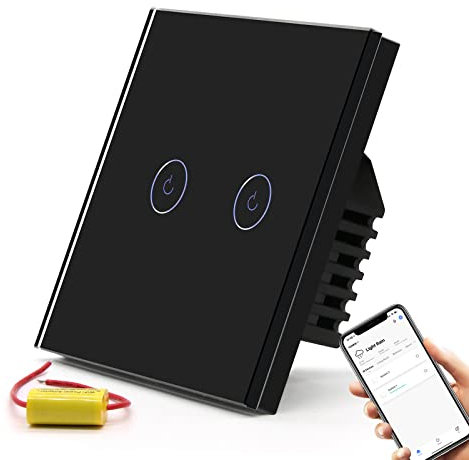 BSEED WiFi Touch Switch Black,2 Gang 1 Way Smart Light Switch Compatible with Alexa and Google Home,with Smart Life Remote Control(No Hub Required)-No Need Neutral Wire