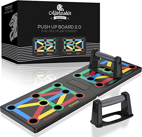 ALPHASKIN Premium Liegestützbrett Set I Verbessertes Konzept 2023 I Liegestützgriffe Homeworkout I 9 in 1 Push Up Bar I Homegym I Fitnessgeräte für Zuhause