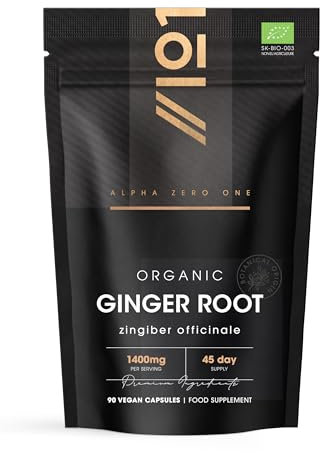 Organic Ginger Root 1400mg - High Strength Zingiber Officinale Supplement - 90 Vegan Capsules (45 Day Supply) - Resealable and Recyclable Pouch - by Alpha01
