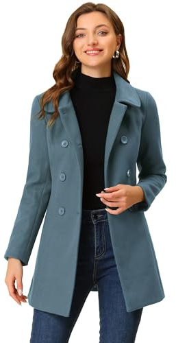 Allegra K Kvinnor Dubbelknäppt vinterkappa Långärmad Trenchcoat med Peter Pan-hals Casual, Grå och blå, L