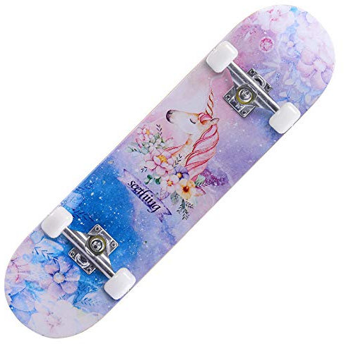 Skateboard Einhorn Lila Blau Skateboard Kinder ab 8 Jahre 80x20cm 7-Lagigem Ahornholz Longboard Double Kick Komplett für Anfänger Jungen Mädchen Erwachsene Profi Penny Board