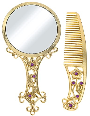 minkissy Metall Kosmetikspiegel Vintage Spiegel Retro Make-Up Spiegel Pinsel Metall Tragbarer Haar Kamm Frau Goldener Handspiegel 11.2 x 15.5 cm Wandmontage