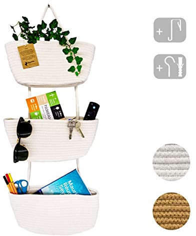 Hidebloom | Hängeorganizer Tür/Wand | Weiß - Baumwolle | Korb Aufbewahrung Hängend | Hängeregal Stoff | Hängeorganizer Bad | Wandkorb | Wandorganizer hängend | Tür Organizer Hängend | Wandregal Büro