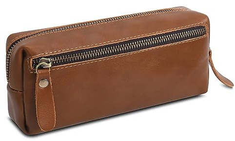 Wonderpool Leder Federmäppchen Stiftetasche Markerhalter für Schreibwaren Make-up Utensilien Organizer mit großer Kapazität und Seitentasche Reißverschluss für Männer und Frauen