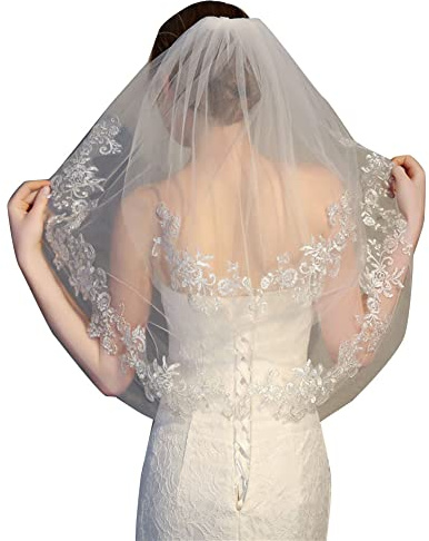DAIHAN 2-stufiger Elegent Hochzeit Schleier Spitze Brautschleier mit Kamm Exquisite Spitzenstickerei Blumen-Rand-Schleier Kurze Brautschleier aus Tüll für Party