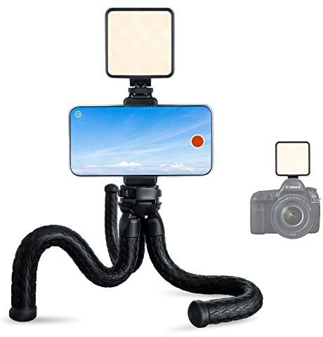 Fotopro Trípode Flexible para Cámara con Soporte para Teléfono con Luz de Vídeo, Portátil Trípode para Smartphone para Youtube Vlogging Live Streaming Selfie