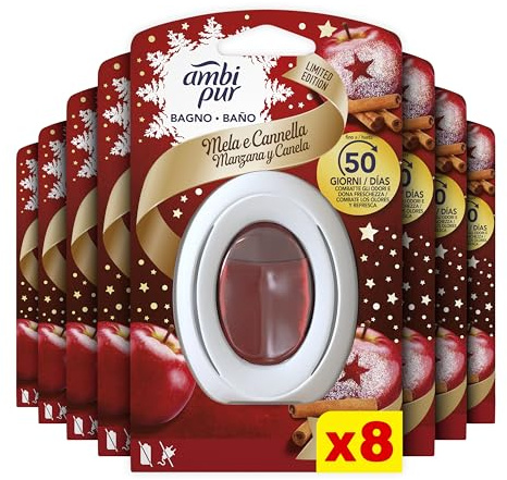 Ambi Pur Profumatore Bagno, Elimina Odori, 8 Pezzi, Mela e Cannella | Diffusore ambiente con tecnologia elimina odori, durata fino a 50 dni