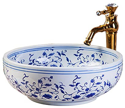 Lavabo, azul y blanco de color arte cerámica encimera lavabo para baño y granja, diámetro de lavaderos vanidad: 41cm