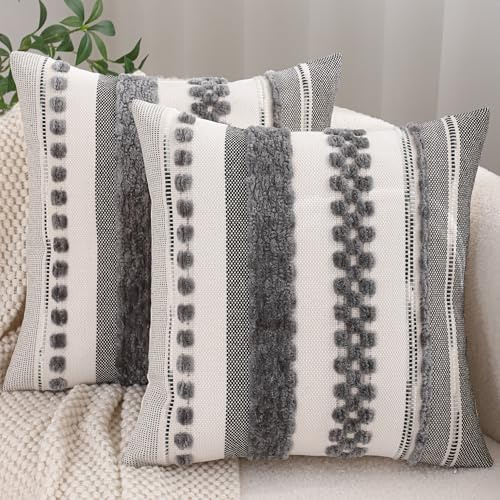 2er Set Kissenbezug Chenille 45x45cm Sofakissen Grau Streifen Dekokissen | Sofakissen Streifen Dekokissen Boho Kissenhülle Deko Kissenbezüge für Sofa Wohnzimmer Schlafzimmer Outdoor Kissen