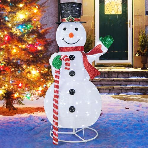 COSTWAY Pupazzo di Neve Luminoso da 150 cm, Decorazione Natalizia con 180 Luci LED, Cappello, Sciarpa, Decorazione Natalizia per Interni ed Esterni per Feste, Balcone, Giardino