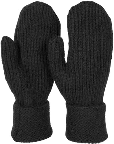 styleBREAKER Damen Winter Strick Fäustlinge Einfarbig mit gemustertem Bund, warme Fausthandschuhe, Strickhandschuhe 09010046, Farbe:Schwarz