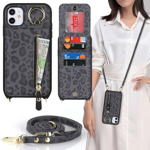 Zouzt Crossbody Wallet Case for iPhone 11, with Strap,Black Leopard | Lanyard Purse, 4 Card Holder, 360° Ring Kickstand, PU Leather Zipper Handbag, Shockproof TPU, Back Flip Phone Cover for Women