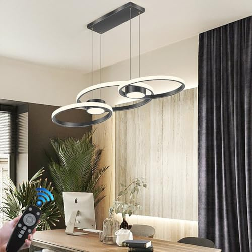 Pendelleuchte moderne dimmbare Hängelampe LED Esstischbeleuchtung 3000 K-6500 K höhenverstellbar Esszimmer Kreis Design kreativer Stil Lampe Esstisch Schreibtisch Deckenleuchte Kronleuchter(Color:Schw