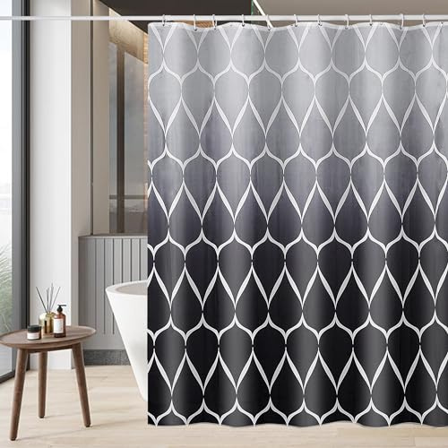 GERUIKE Extra Breit Duschvorhang 240x200 mit Gewicht Unten | Anti-Schimmel & Wasserdicht Polyester-Stoff (130 GSM) mit 12 Ringen, Grau-Schwarz Ombre Wellenmuster Shower Curtain