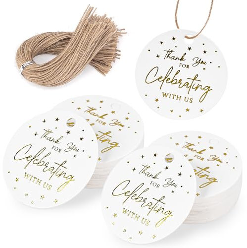 Koogel 120 Stück Papieranhänger mit Schnur, Dankeschön-Geschenkanhänger, 5,1 cm, runde Geschenkanhänger, Kreisetiketten für Hochzeit, Party, Geschenk