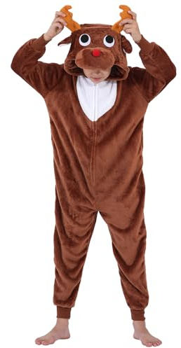 Halloween Christmas Unisex Kids Flannel Cosplay Onesie Costume Outfit Suit for Girls and Boys (Coffee Reindeer, 10 Years)