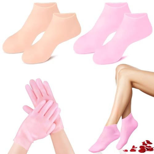 VEGCOO 2 Paires Chaussettes Hydratantes, Antidérapant Chaussette en Silicone Anti-séchage avec Gants Hydratants en Silicone pour Réparation des Pieds Secs et Craquelés, Adoucissement des Callosités