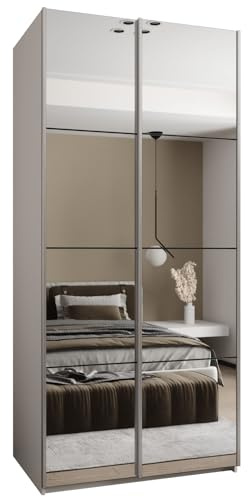 ABIKSMEBLE LUX 2 Armoire à 2 Portes Coulissantes avec Miroir, Fermeture Silencieuse - Système HETTICH Topline L - pour Salon, Chambre à Coucher - 245,5x100x64cm - Blanc, Noir, Argent