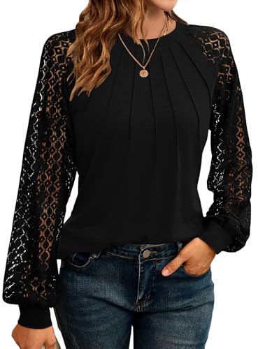 WNEEDU Chemisier pour Femme Blouses Tunique Chemisier À Manches Longues Et Col Ras du Cou en Dentelle Chemise Blouse Mode Élégante