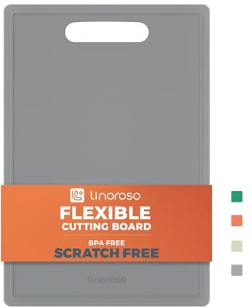 Linoroso Planche à Découper en Plastique - Sans BPA, Flexible, Antirayures, Légère et Portable - 25x35 cm avec Rainure à Jus, Compatible Lave-Vaisselle - Gris