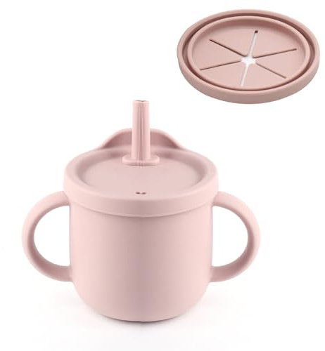 Vaso Aprendizaje Bebe,Vaso Antiderrame Bebe,Vaso Pajita Bebe,Taza Bebe Silicona con Asas,Taza de Silicona para Aperitivos,Taza de Entrenamiento para Sorber para Niño Pequeño,Prueba Fugas,Rosa Claro