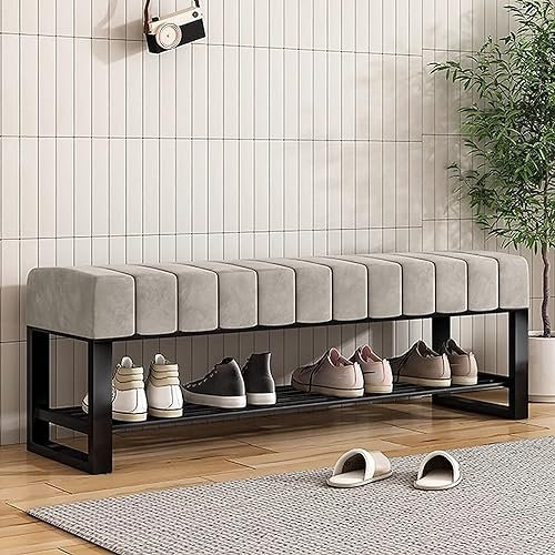 Boucle Gepolsterte Schuhbank mit Stauraum, 2 Etagen, schwarzes Metall-Schuhregal für Schlafzimmer, Schrank, Flur, Wohnzimmer, Eingangsbereich, Organizer und Bettbank