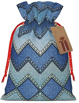 HJLUUFT Jutebeutel mit Farbverlauf, blauer Denim-Druck, Weihnachtsgeschenktasche mit Kordelzug und Geschenkanhänger, für Hochzeit, Weihnachten, Party