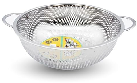 STL Steel Colander with Double Handles 37.5cm, Micro-Perforated for Draining Pasta, Rice, Fruits, Vegetables, Dishwasher Safe Kitchen Strainer, Metal Food Filter, Easy to Clean and Durable