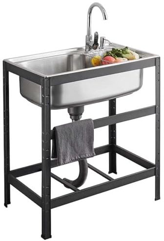 Küchen Spülbecken mit Ständer und Wasserhahn Edelstahl Werkbank sink tragbare Handwaschbecken für Outdoor Hinterhof Restaurant Garage Garten Bar Freistehende Einzelbecken