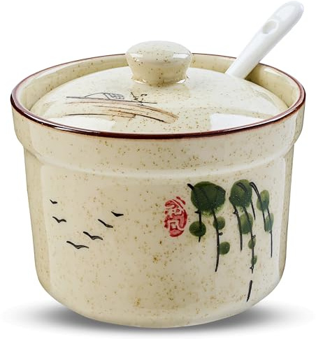 mehrido Sucrier avec cuillère, pot à sel en céramique, 300 ml, avec couvercle et cuillère, pots à épices en porcelaine pour cuisine, maison, café bar