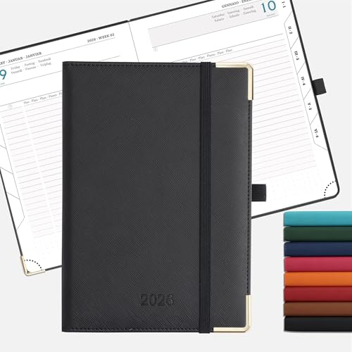 IN-LUXPRO Kalender 2026 Tagesplaner 21,5 x 15cm Tageskalender 1 Tag 1 Seite (Montag - Sonntag), Terminplaner(Jan.2026-Dez.2026) Buchkalender mit 80GSM Papier & Stiftschlaufe Vegan-Leder Schwarz