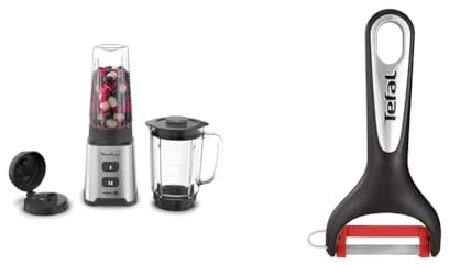 Moulinex Blender Pulseo, Mini mixeur compact, 400 W, Bouteille à emporter en Tritan, Métal LM17GD10 & Tefal eplucheurs Fruits et légumes, K2071814
